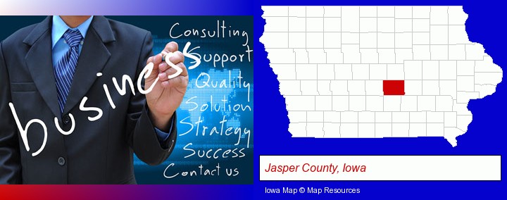 typical business services and concepts; Jasper County, Iowa highlighted in red on a map