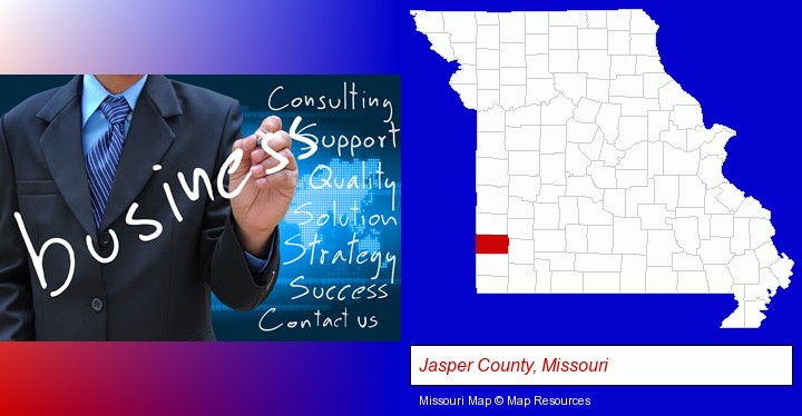 typical business services and concepts; Jasper County, Missouri highlighted in red on a map