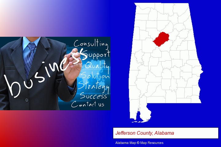 typical business services and concepts; Jefferson County, Alabama highlighted in red on a map