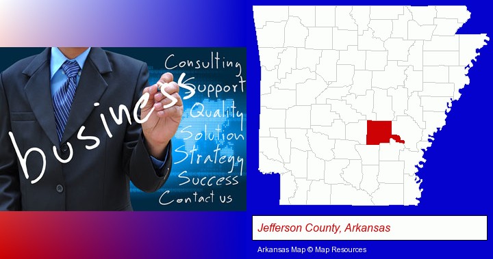 typical business services and concepts; Jefferson County, Arkansas highlighted in red on a map
