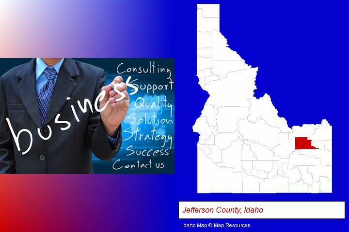 typical business services and concepts; Jefferson County, Idaho highlighted in red on a map