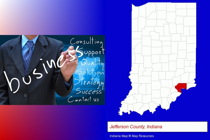 typical business services and concepts; Jefferson County, Indiana highlighted in red on a map