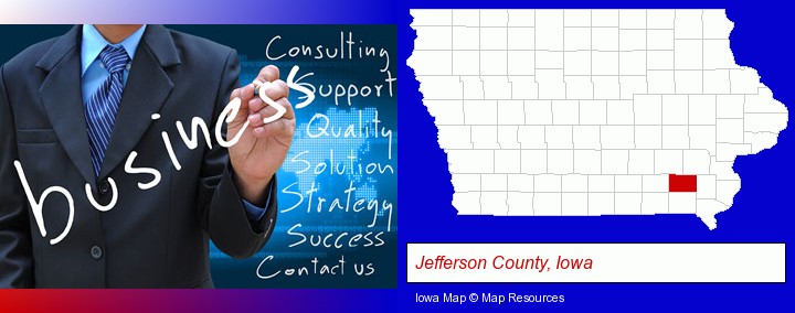 typical business services and concepts; Jefferson County, Iowa highlighted in red on a map