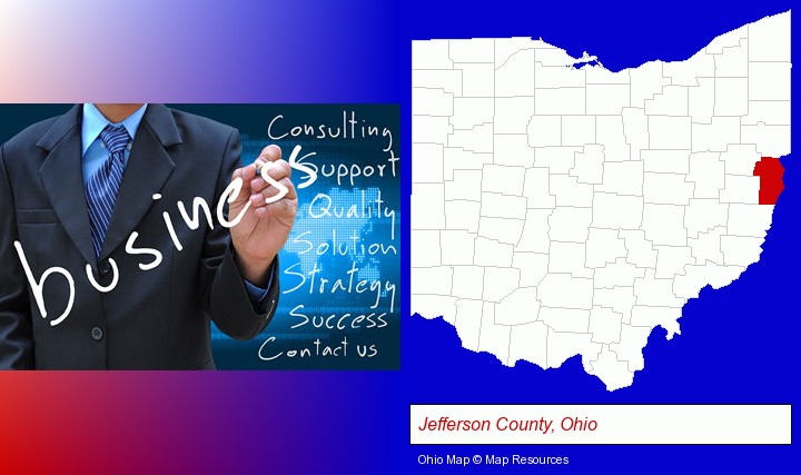 typical business services and concepts; Jefferson County, Ohio highlighted in red on a map