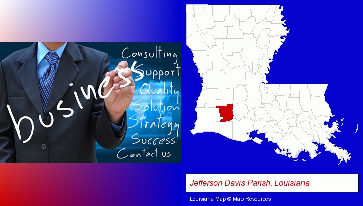 typical business services and concepts; Jefferson Davis Parish, Louisiana highlighted in red on a map
