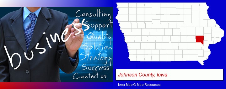 typical business services and concepts; Johnson County, Iowa highlighted in red on a map
