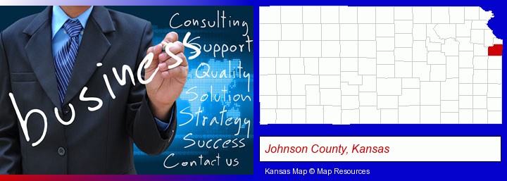 typical business services and concepts; Johnson County, Kansas highlighted in red on a map