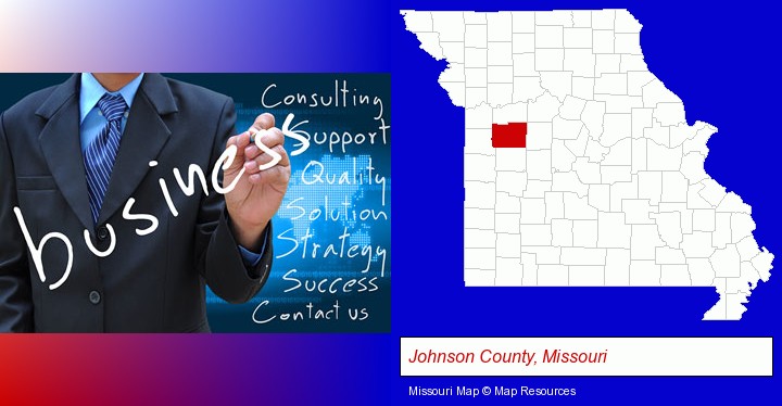 typical business services and concepts; Johnson County, Missouri highlighted in red on a map