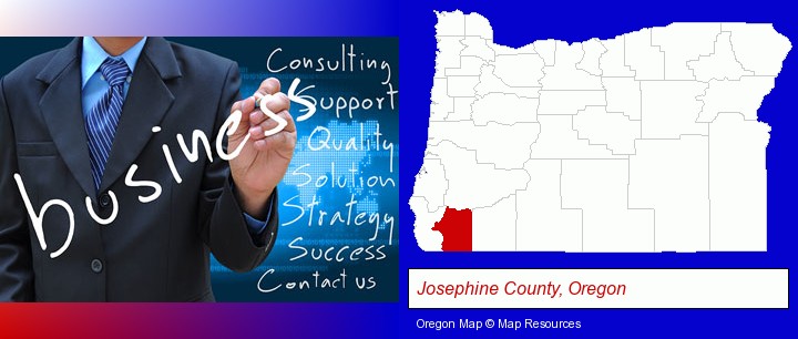 typical business services and concepts; Josephine County, Oregon highlighted in red on a map