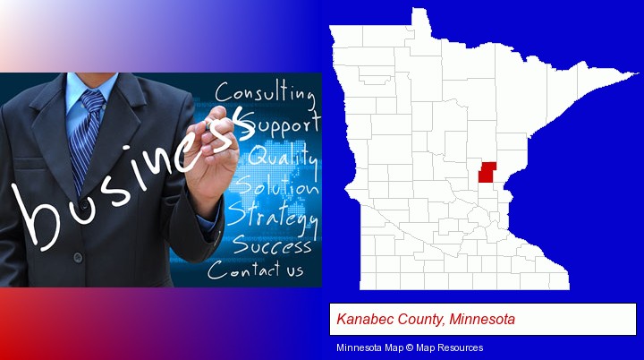 typical business services and concepts; Kanabec County, Minnesota highlighted in red on a map