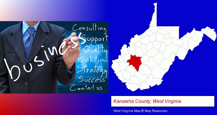 typical business services and concepts; Kanawha County, West Virginia highlighted in red on a map