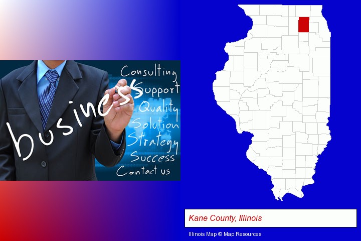 typical business services and concepts; Kane County, Illinois highlighted in red on a map