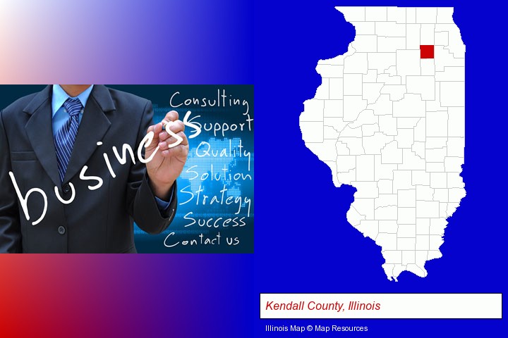 typical business services and concepts; Kendall County, Illinois highlighted in red on a map