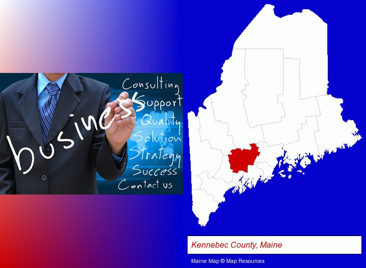 typical business services and concepts; Kennebec County, Maine highlighted in red on a map
