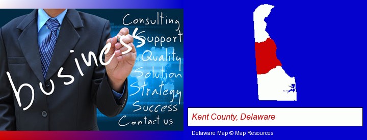 typical business services and concepts; Kent County, Delaware highlighted in red on a map