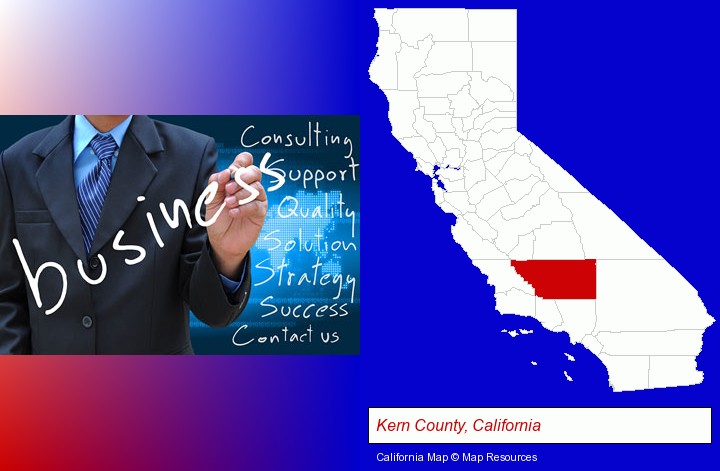 typical business services and concepts; Kern County, California highlighted in red on a map