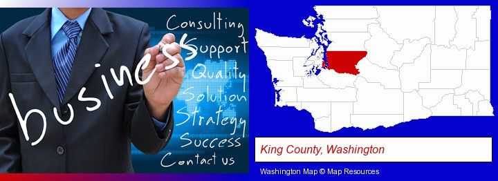 typical business services and concepts; King County, Washington highlighted in red on a map