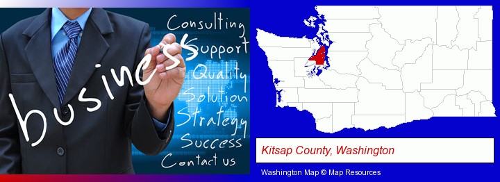 typical business services and concepts; Kitsap County, Washington highlighted in red on a map