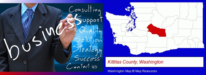typical business services and concepts; Kittitas County, Washington highlighted in red on a map