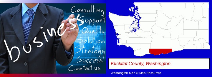 typical business services and concepts; Klickitat County, Washington highlighted in red on a map