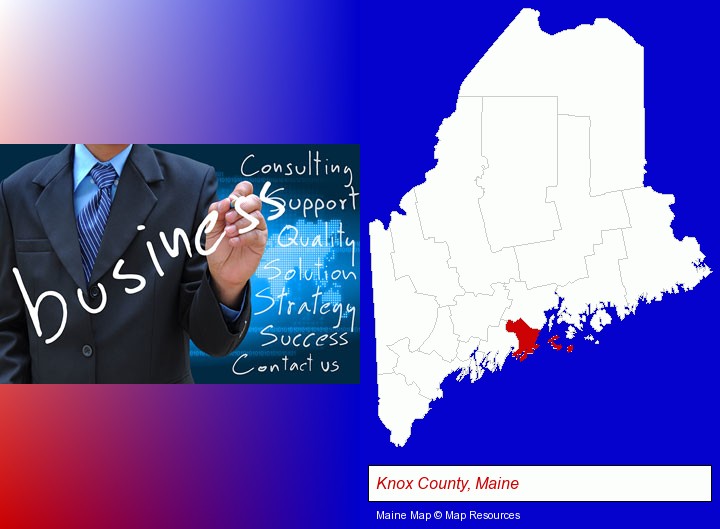 typical business services and concepts; Knox County, Maine highlighted in red on a map