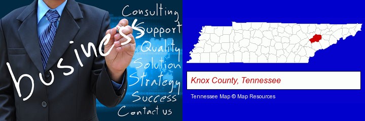 typical business services and concepts; Knox County, Tennessee highlighted in red on a map