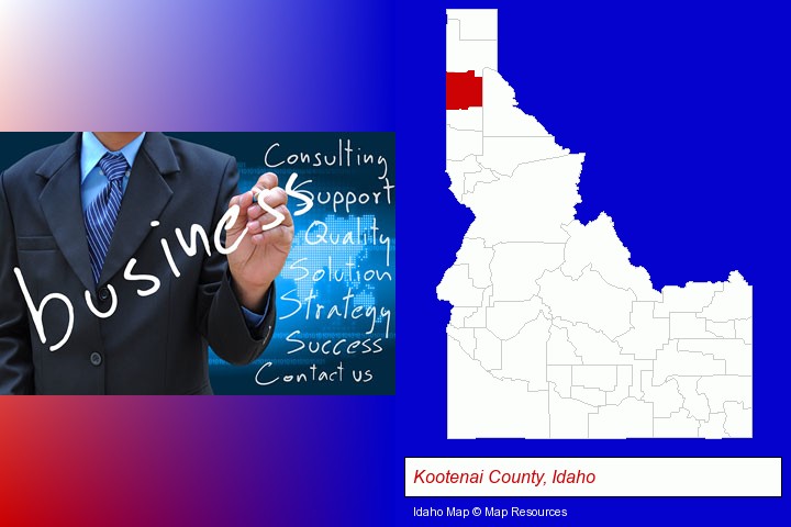 typical business services and concepts; Kootenai County, Idaho highlighted in red on a map