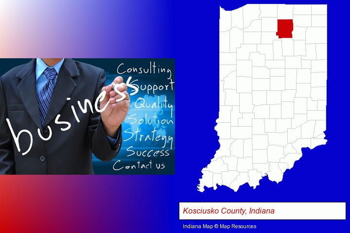 typical business services and concepts; Kosciusko County, Indiana highlighted in red on a map