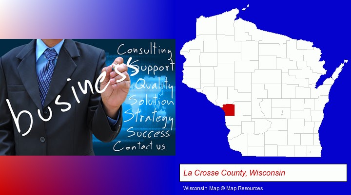 typical business services and concepts; La Crosse County, Wisconsin highlighted in red on a map
