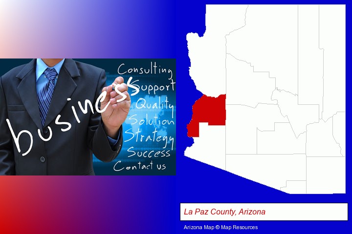 typical business services and concepts; La Paz County, Arizona highlighted in red on a map