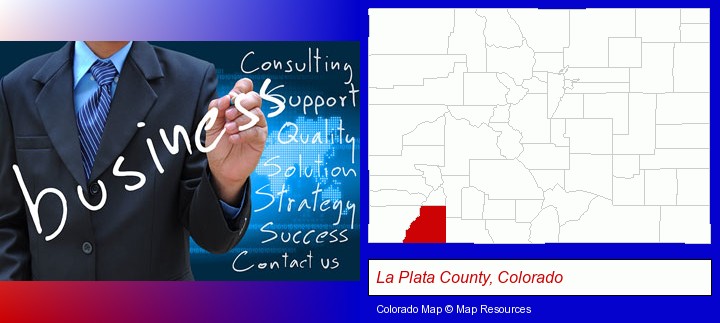 typical business services and concepts; La Plata County, Colorado highlighted in red on a map
