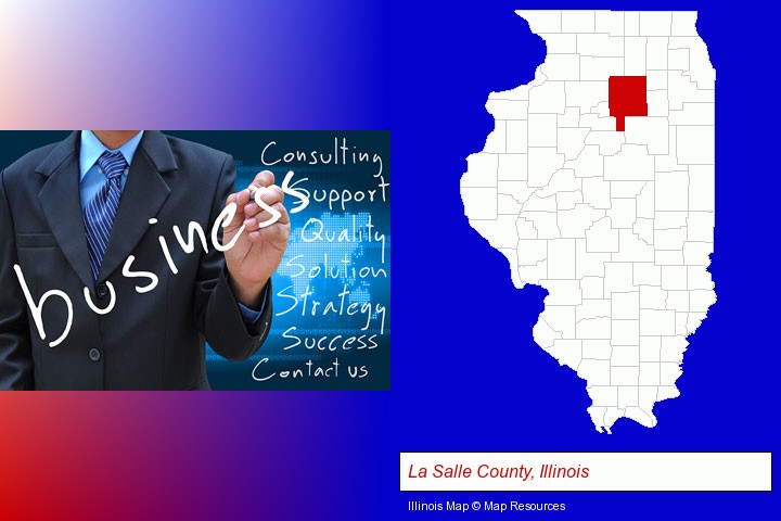 typical business services and concepts; La Salle County, Illinois highlighted in red on a map