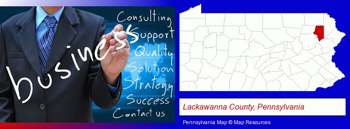 typical business services and concepts; Lackawanna County, Pennsylvania highlighted in red on a map