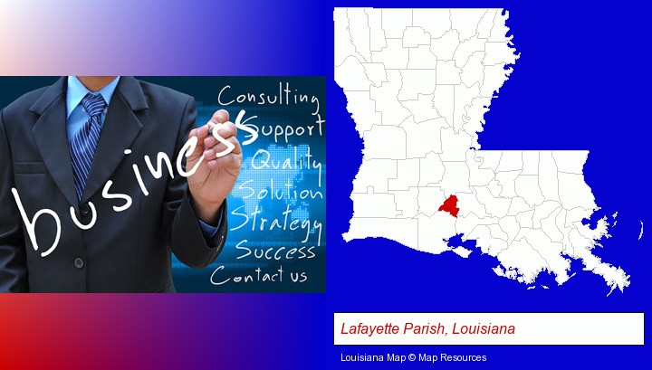 typical business services and concepts; Lafayette Parish, Louisiana highlighted in red on a map