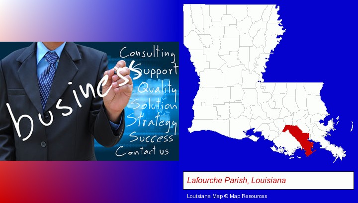 typical business services and concepts; Lafourche Parish, Louisiana highlighted in red on a map