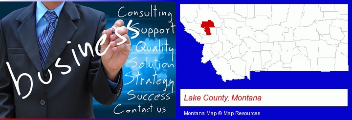 typical business services and concepts; Lake County, Montana highlighted in red on a map