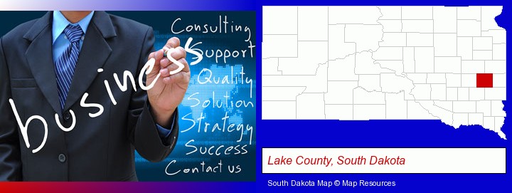 typical business services and concepts; Lake County, South Dakota highlighted in red on a map