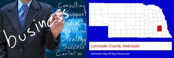 typical business services and concepts; Lancaster County, Nebraska highlighted in red on a map