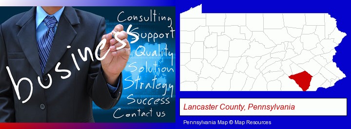 typical business services and concepts; Lancaster County, Pennsylvania highlighted in red on a map