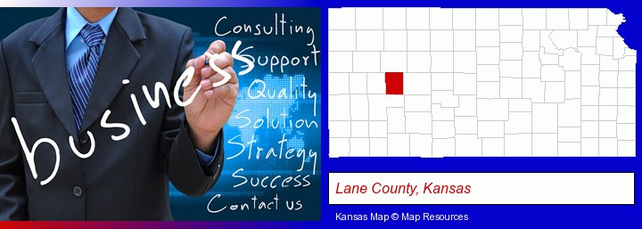 typical business services and concepts; Lane County, Kansas highlighted in red on a map