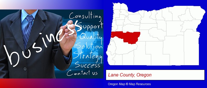 typical business services and concepts; Lane County, Oregon highlighted in red on a map