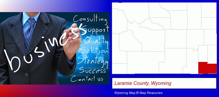 typical business services and concepts; Laramie County, Wyoming highlighted in red on a map