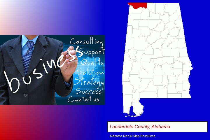 typical business services and concepts; Lauderdale County, Alabama highlighted in red on a map