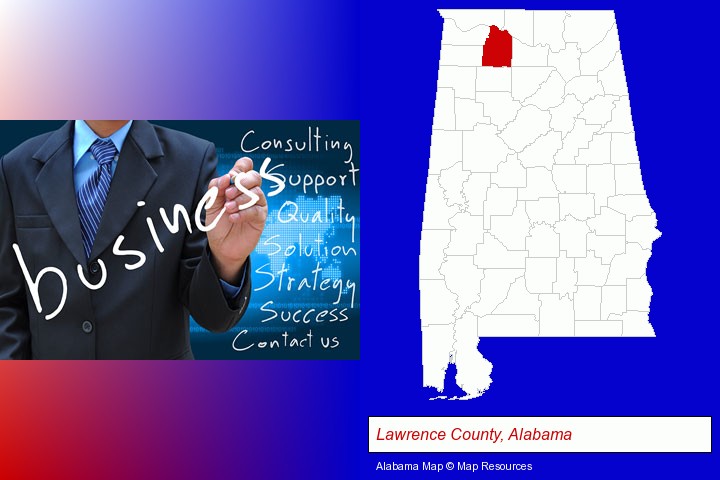 typical business services and concepts; Lawrence County, Alabama highlighted in red on a map