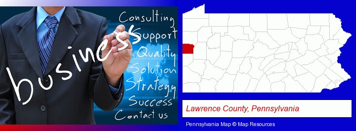typical business services and concepts; Lawrence County, Pennsylvania highlighted in red on a map