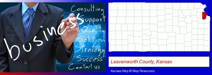 typical business services and concepts; Leavenworth County, Kansas highlighted in red on a map