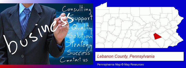typical business services and concepts; Lebanon County, Pennsylvania highlighted in red on a map