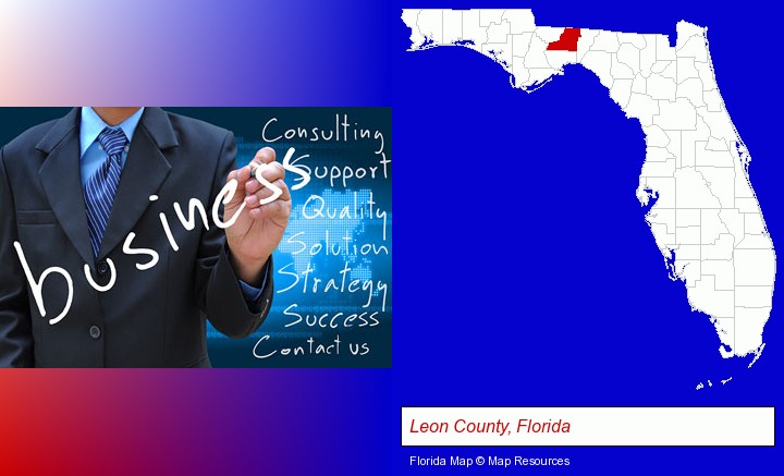 typical business services and concepts; Leon County, Florida highlighted in red on a map
