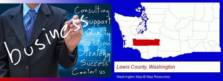 typical business services and concepts; Lewis County, Washington highlighted in red on a map