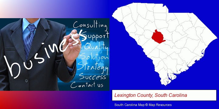 typical business services and concepts; Lexington County, South Carolina highlighted in red on a map